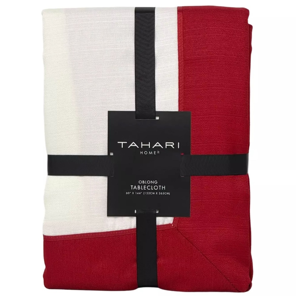 TAHARI 60” x 144" Christmas Holiday Classic Red Border Designer Tablecloth NEW